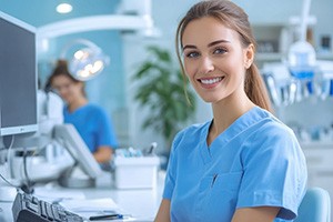 Friendly orthodontic team member sitting at computer